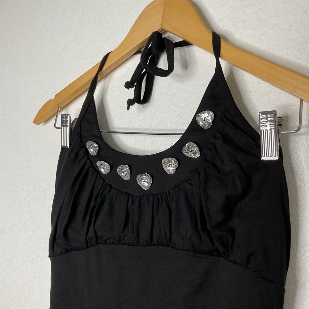 2B Bebe Y2K Vintage Ruched Halter Top Black Rhinestone Heart Gem Sz M - Picture 4 of 10